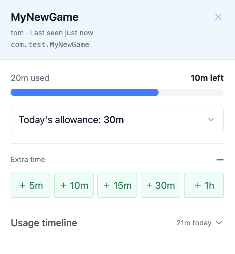 TempoMinder app limit card showing GamePlay usage, remaining time, daily minutes, and extra-time controls
